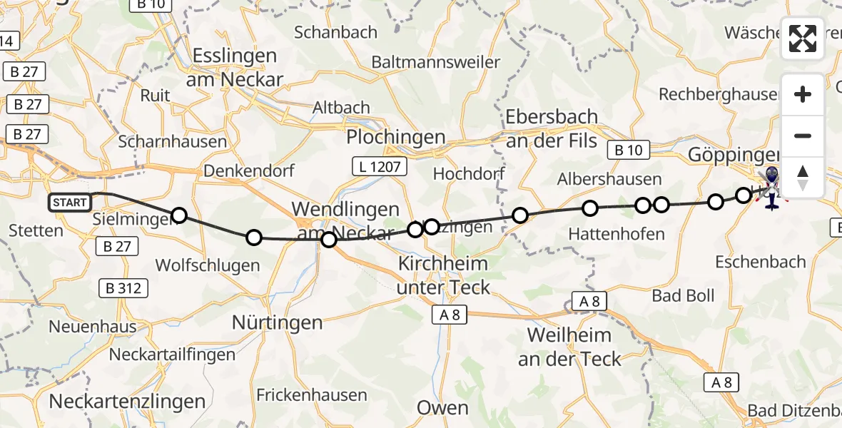 Flugroute Polizeihubschrauber Flughafen Stuttgart - Göppingen, 14 Oktober 2026, 04:59