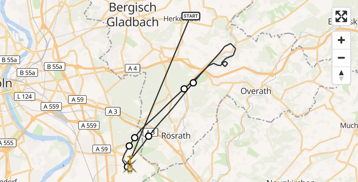 Flugroute Ambulanzhubschrauber Bergisch Gladbach - Köln Bonn Flughafen, 14 Oktober 2026, 05:29