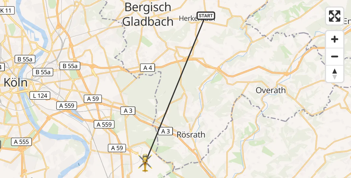 Flugroute Ambulanzhubschrauber Bergisch Gladbach - Köln Bonn Flughafen, 14 Oktober 2026, 05:45
