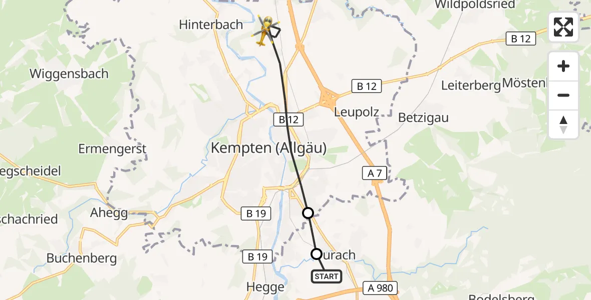 Flugroute Rettungshubschrauber Kempten-Durach Flugplatz - Kempten (Allgäu), 14 Oktober 2026, 05:59