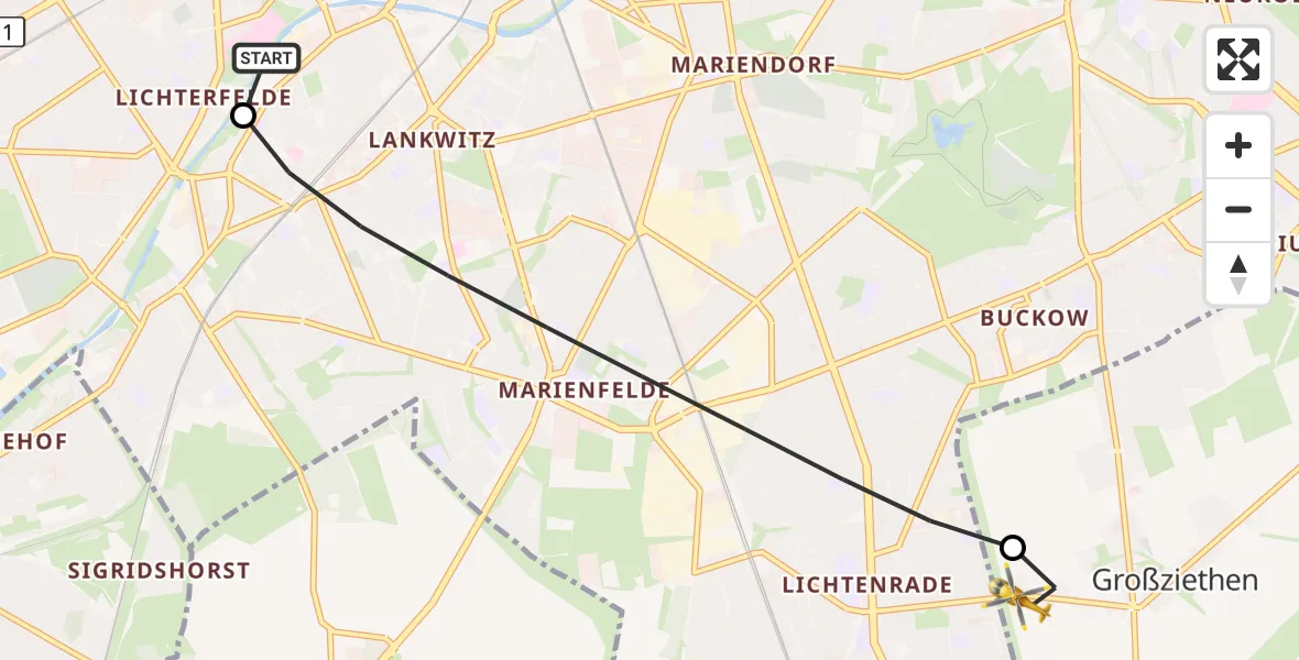 Flugroute Rettungshubschrauber Charité Clinic Benjamin Franklin Campus - Schönefeld, 14 Oktober 2026, 06:11