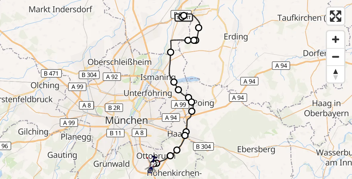 Flugroute Polizeihubschrauber München Flughafen - Ottobrunn Hubschrauberlandeplatz, 14 Oktober 2026, 06:12
