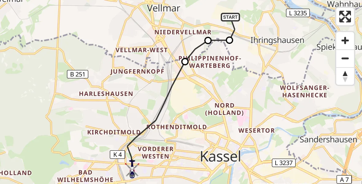 Flugroute Polizeihubschrauber Fuldatal Bundespolizei Hubschrauberlandeplatz - Kassel, 14 Oktober 2026, 06:23