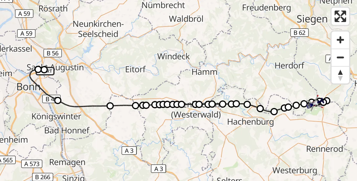 Flugroute Polizeihubschrauber Bonn-Hangelar Flugplatz - Emmerzhausen, 14 Oktober 2026, 06:31