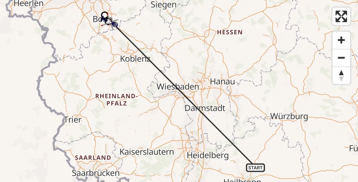 Flugroute Polizeihubschrauber Hardthausen am Kocher - Königswinter, 14 Oktober 2026, 06:32