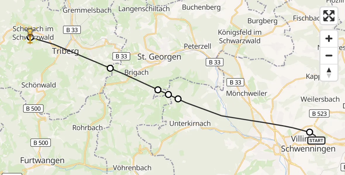 Flugroute Ambulanzhubschrauber DRF Air Rescue Station Villingen-Schwenningen Hubschrauberlandeplatz (Christoph 11) - Schonach im Schwarzwald, 14 Oktober 2026, 06:43