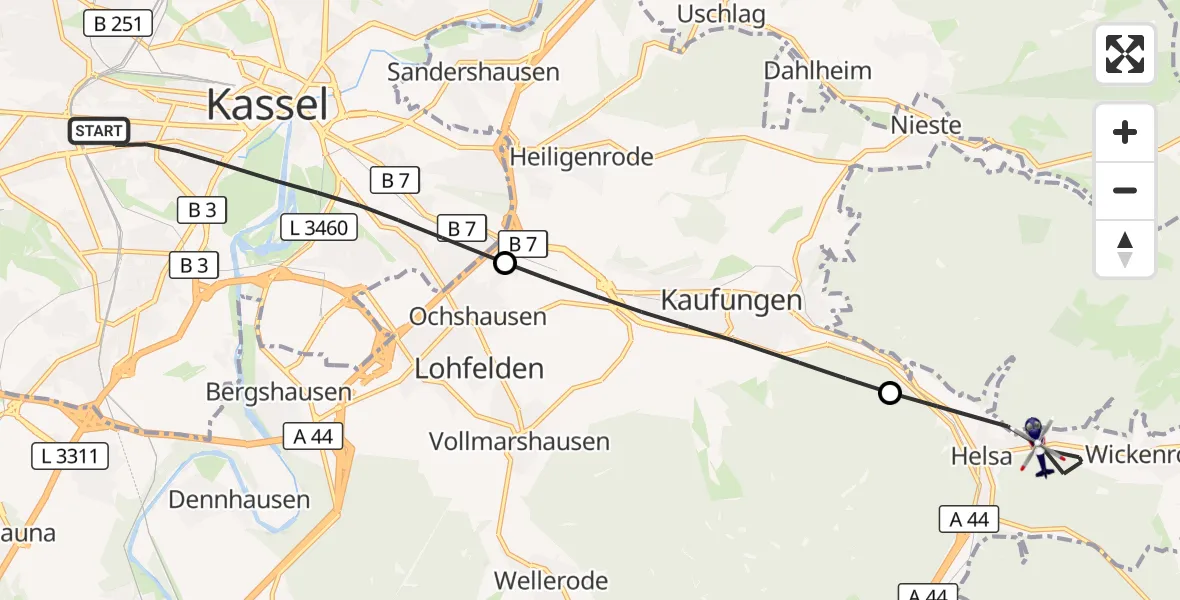 Flugroute Polizeihubschrauber Kassel - Helsa, 14 Oktober 2026, 06:45