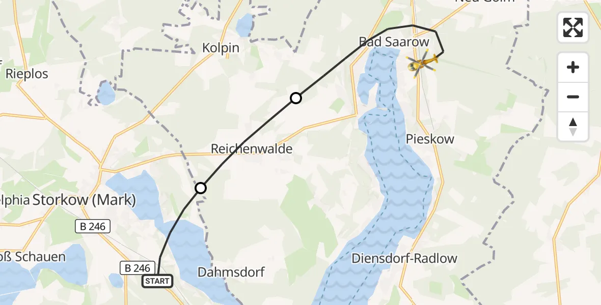 Flugroute Rettungshubschrauber Storkow (Mark) - Bad Saarow, 14 Oktober 2026, 06:54