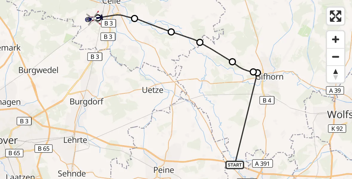 Flugroute Polizeihubschrauber Schwülper - Celle Army Flugplatz, 14 Oktober 2026, 06:57
