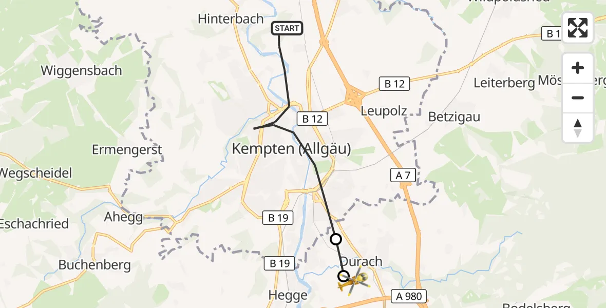 Flugroute Rettungshubschrauber Kempten (Allgäu) - Kempten-Durach Flugplatz, 14 Oktober 2026, 06:59