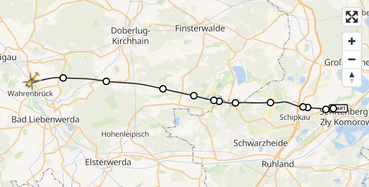 Flugroute Ambulanzhubschrauber ADAC Luftrettungsstation Senftenberg Hubschrauberlandeplatz - Uebigau-Wahrenbrück, 14 Oktober 2026, 07:06