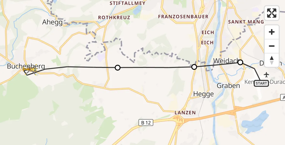 Flugroute Rettungshubschrauber Kempten-Durach Flugplatz - Buchenberg, 14 Oktober 2026, 07:16
