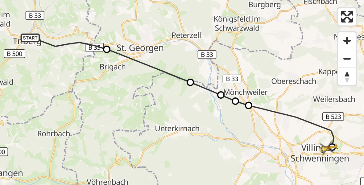 Flugroute Ambulanzhubschrauber Triberg im Schwarzwald - DRF Air Rescue Station Villingen-Schwenningen Hubschrauberlandeplatz (Christoph 11), 14 Oktober 2026, 07:23