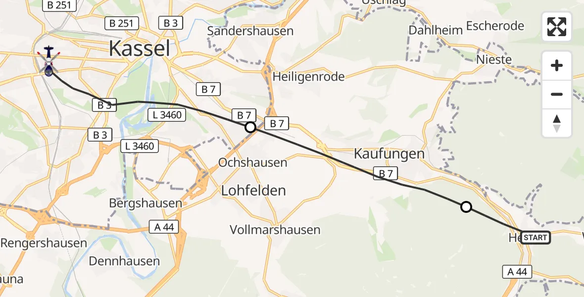 Flugroute Polizeihubschrauber Helsa - Kassel, 14 Oktober 2026, 07:31