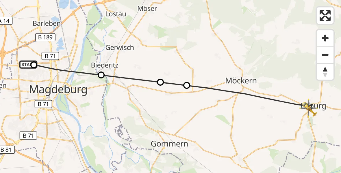 Flugroute Rettungshubschrauber Magdeburg Hospital - Möckern, 14 Oktober 2026, 07:42