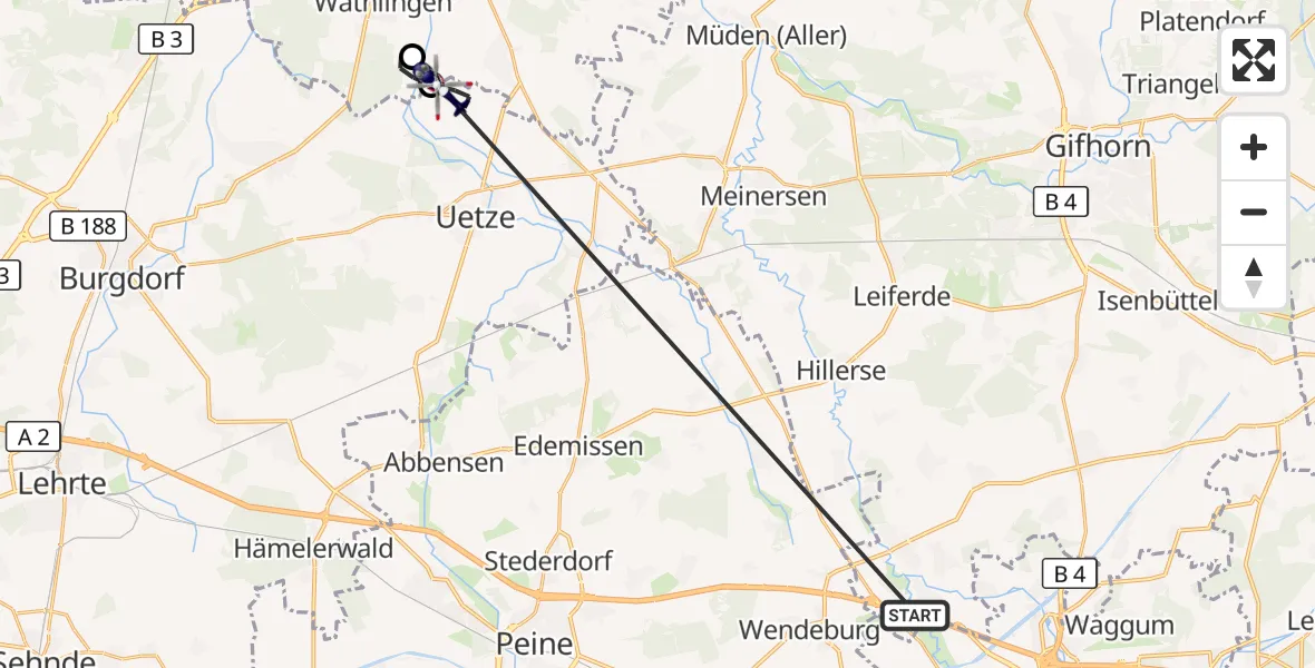 Flugroute Polizeihubschrauber Schwülper - Uetze, 14 Oktober 2026, 07:50