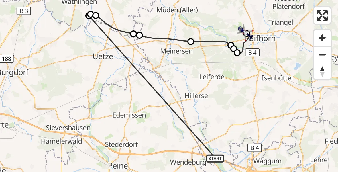 Flugroute Polizeihubschrauber Schwülper - Gifhorn Bundespolizei Hubschrauberlandeplatz, 14 Oktober 2026, 07:56