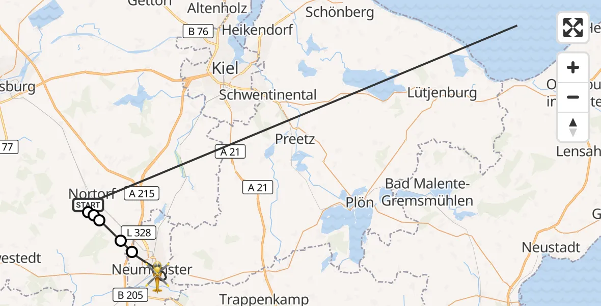 Flugroute Ambulanzhubschrauber Nortorf - Neumünster, 14 Oktober 2026, 08:00