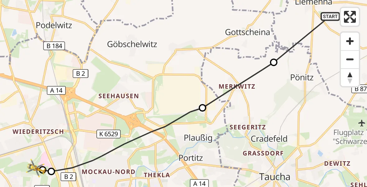 Flugroute Rettungshubschrauber Jesewitz - Sankt Georg Hospital Leipzig Reserve, 14 Oktober 2026, 08:09