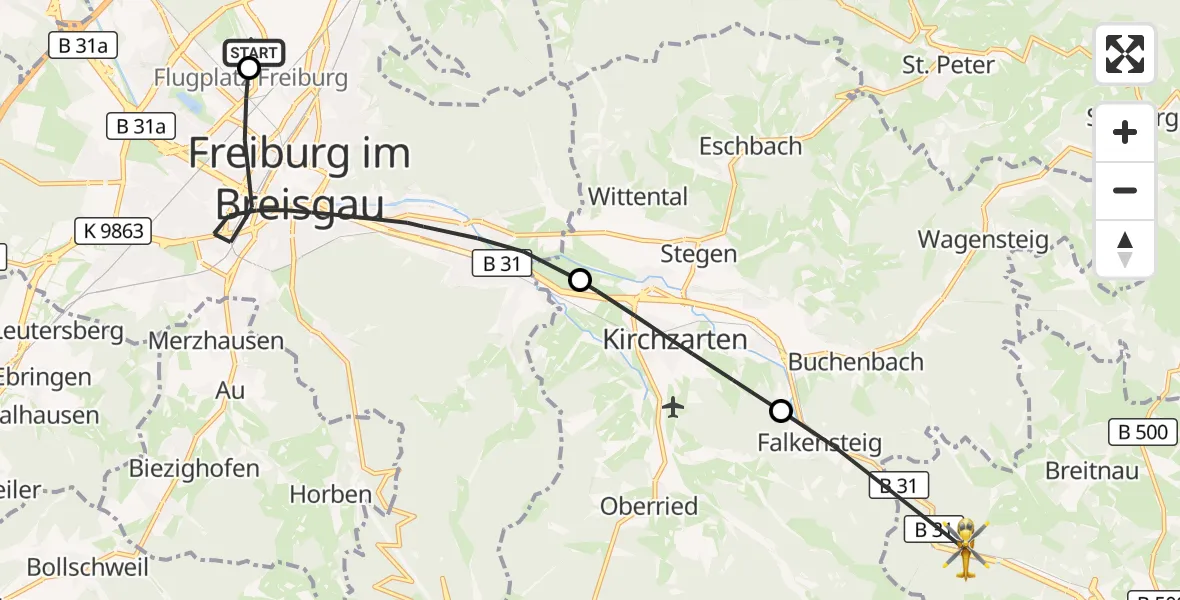 Flugroute Ambulanzhubschrauber Freiburg im Breisgau Flugplatz - Breitnau, 14 Oktober 2026, 08:10