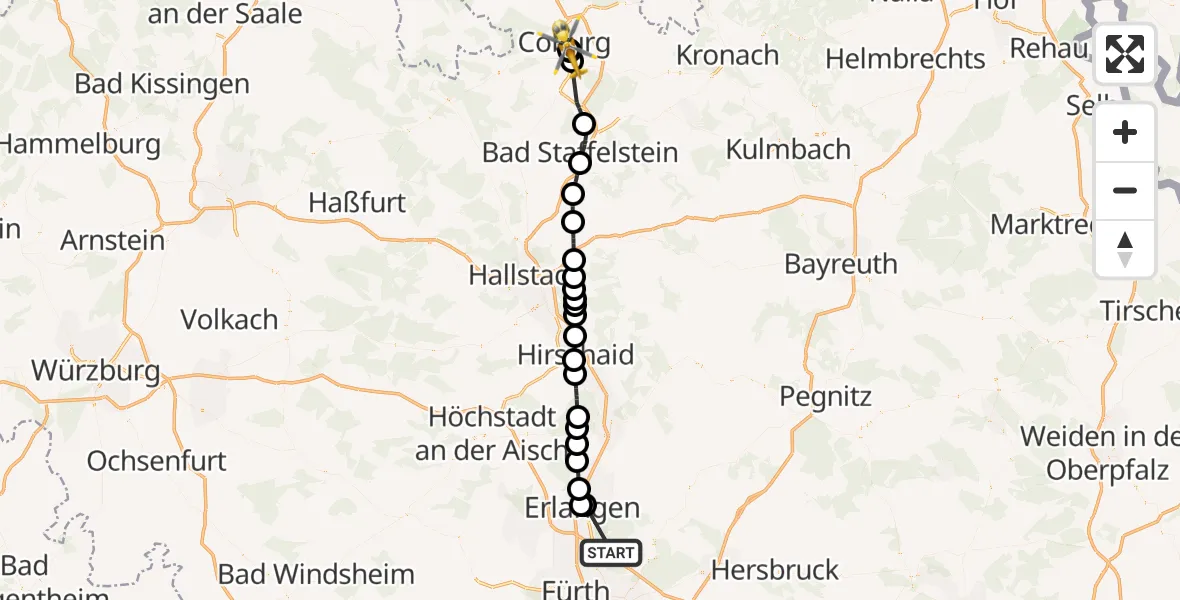 Flugroute Rettungshubschrauber Neunhofer Forst - Regiomed Hospital Coburg, 14 Oktober 2026, 08:13