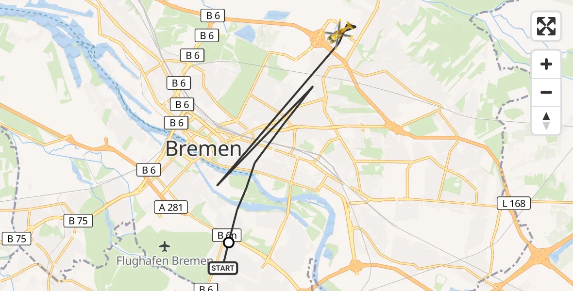 Flugroute Rettungshubschrauber ADAC Air Rescue Station Bremen Hubschrauberlandeplatz (Christoph 6) - Bremen, 14 Oktober 2026, 08:15