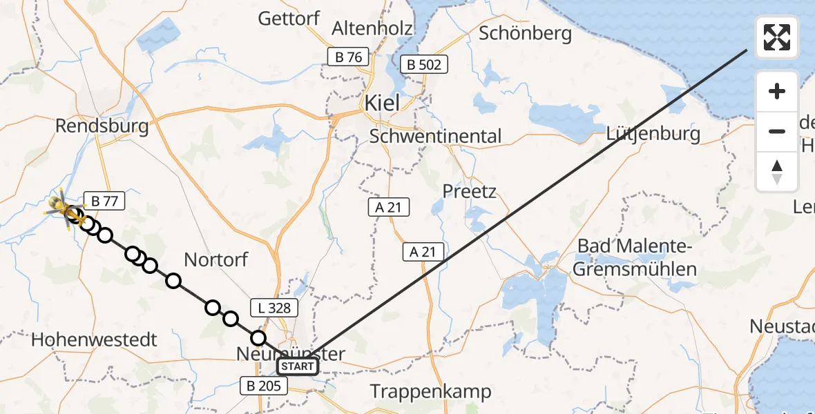 Flugroute Ambulanzhubschrauber Neumünster - Hörsten, 14 Oktober 2026, 08:23