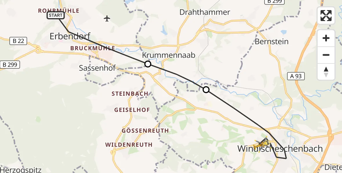 Flugroute Ambulanzhubschrauber Erbendorf - Windischeschenbach, 14 Oktober 2026, 08:24