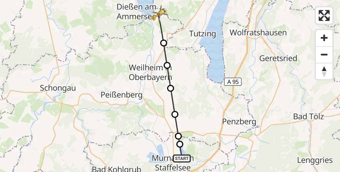 Flugroute Rettungshubschrauber Murnau a.Staffelsee - Pähl, 14 Oktober 2026, 08:24