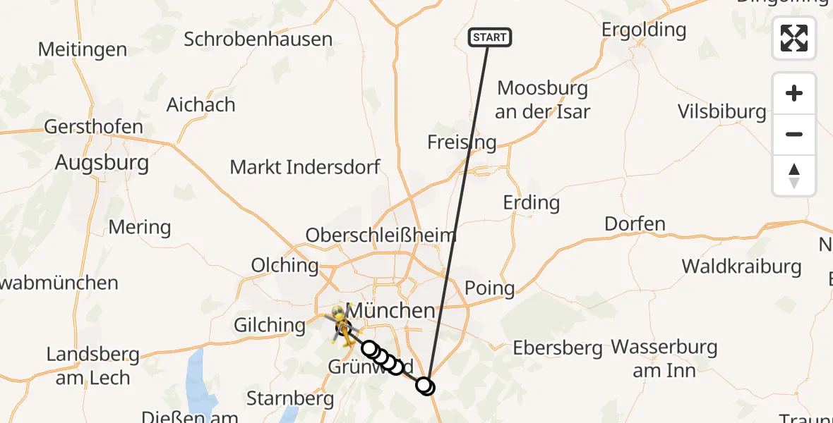 Flugroute Rettungshubschrauber Rudelzhausen - DRF Air Rescue München Hubschrauberlandeplatz, 14 Oktober 2026, 08:25