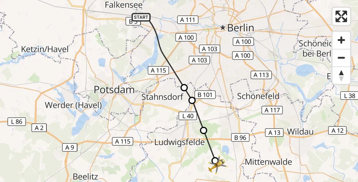 Flugroute Rettungshubschrauber Berlin - Zossen, 14 Oktober 2026, 08:33