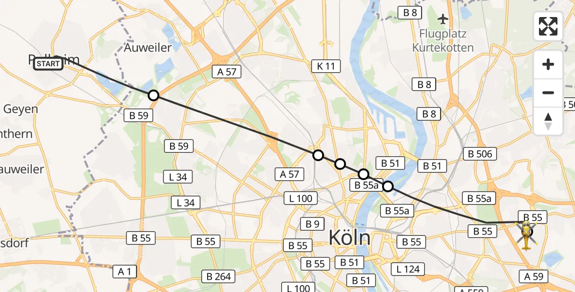Flugroute Rettungshubschrauber Pulheim - Merheim Hospital, 14 Oktober 2026, 08:42