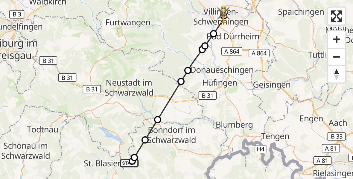 Flugroute Ambulanzhubschrauber Grafenhausen - DRF Air Rescue Station Villingen-Schwenningen Hubschrauberlandeplatz (Christoph 11), 14 Oktober 2026, 08:43