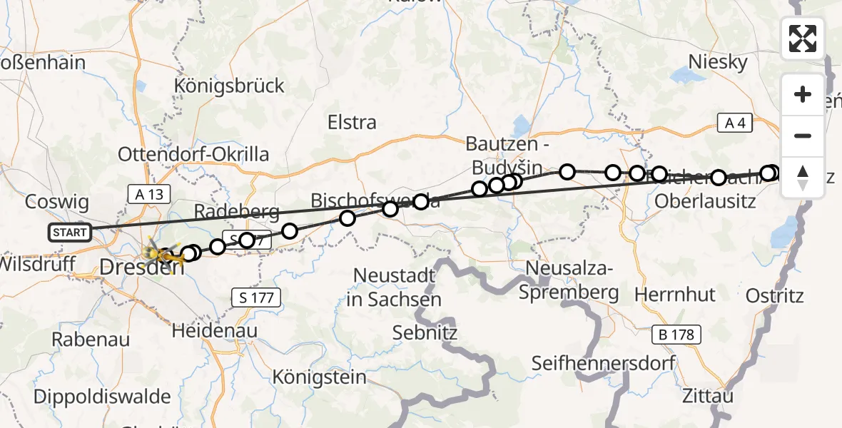 Flugroute Rettungshubschrauber Dresden - Dresden Elbwiesen Hubschrauberlandeplatz, 14 Oktober 2026, 08:43
