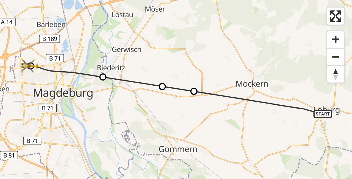 Flugroute Rettungshubschrauber Möckern - Magdeburg Hospital, 14 Oktober 2026, 08:47