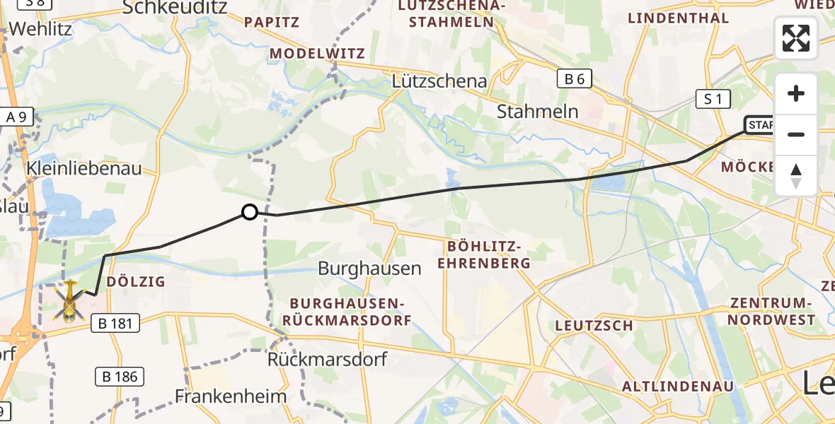 Flugroute Rettungshubschrauber Leipzig - ADAC Air Rescue Station Leipzig/Schkeuditz-Dölzig Hubschrauberlandeplatz (Christoph 61), 14 Oktober 2026, 08:48