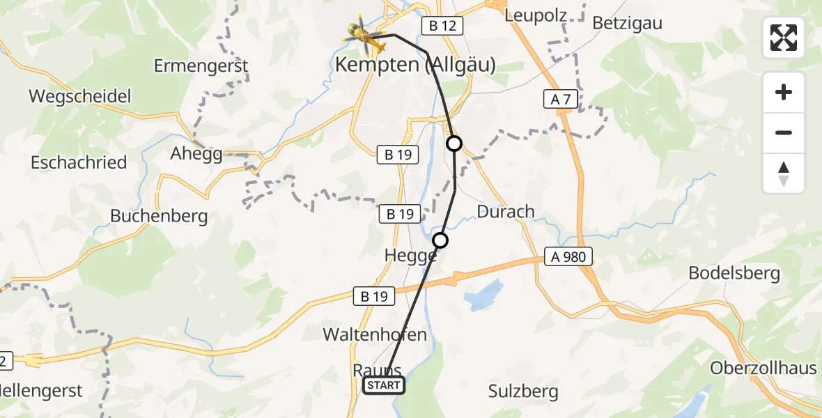 Flugroute Rettungshubschrauber Waltenhofen - Kempten (Allgäu), 14 Oktober 2026, 08:49