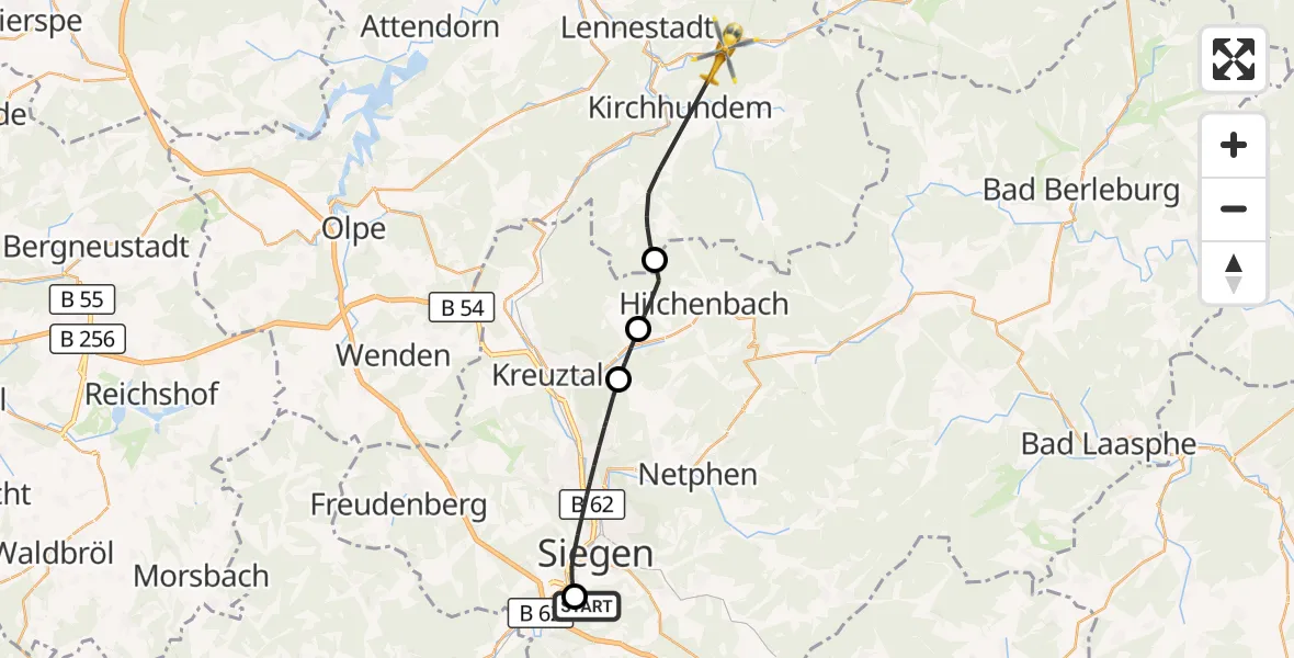 Flugroute Rettungshubschrauber Evangelisches Jung-Stilling Hospital - Lennestadt, 14 Oktober 2026, 08:54