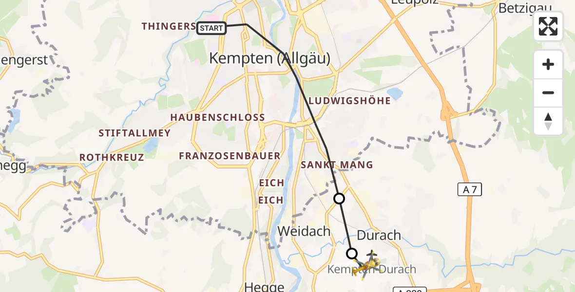 Flugroute Rettungshubschrauber Kempten (Allgäu) - Kempten-Durach Flugplatz, 14 Oktober 2026, 08:55
