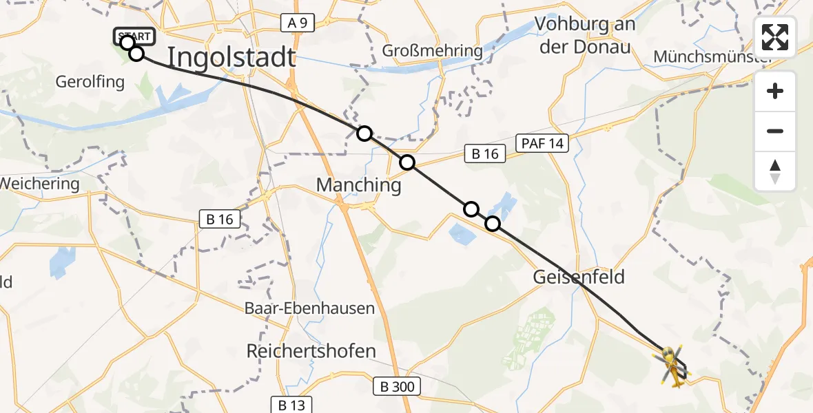 Flugroute Rettungshubschrauber Ingolstadt Hospital - Geisenfeld, 14 Oktober 2026, 08:59