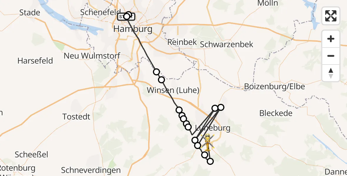 Flugroute Rettungshubschrauber Hamburg - Lüneburg, 14 Oktober 2026, 08:59