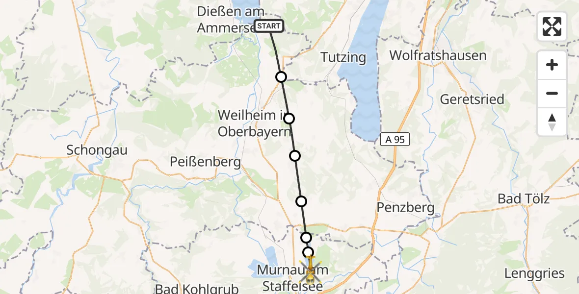 Flugroute Rettungshubschrauber Pähl - Murnau a.Staffelsee, 14 Oktober 2026, 09:05
