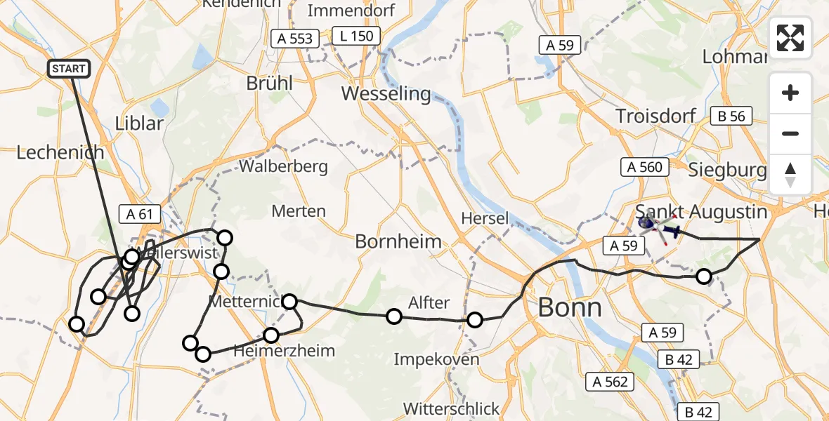 Flugroute Polizeihubschrauber Erftstadt - Bonn-Hangelar Flugplatz, 14 Oktober 2026, 09:15