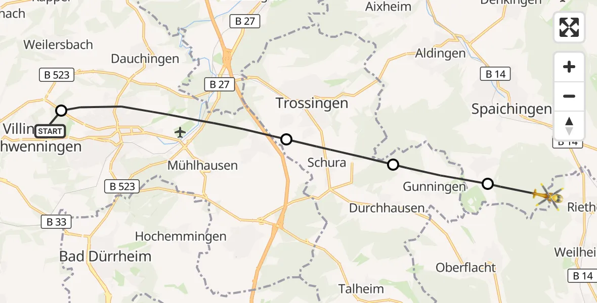 Flugroute Ambulanzhubschrauber DRF Air Rescue Station Villingen-Schwenningen Hubschrauberlandeplatz (Christoph 11) - Hausen ob Verena, 14 Oktober 2026, 09:21