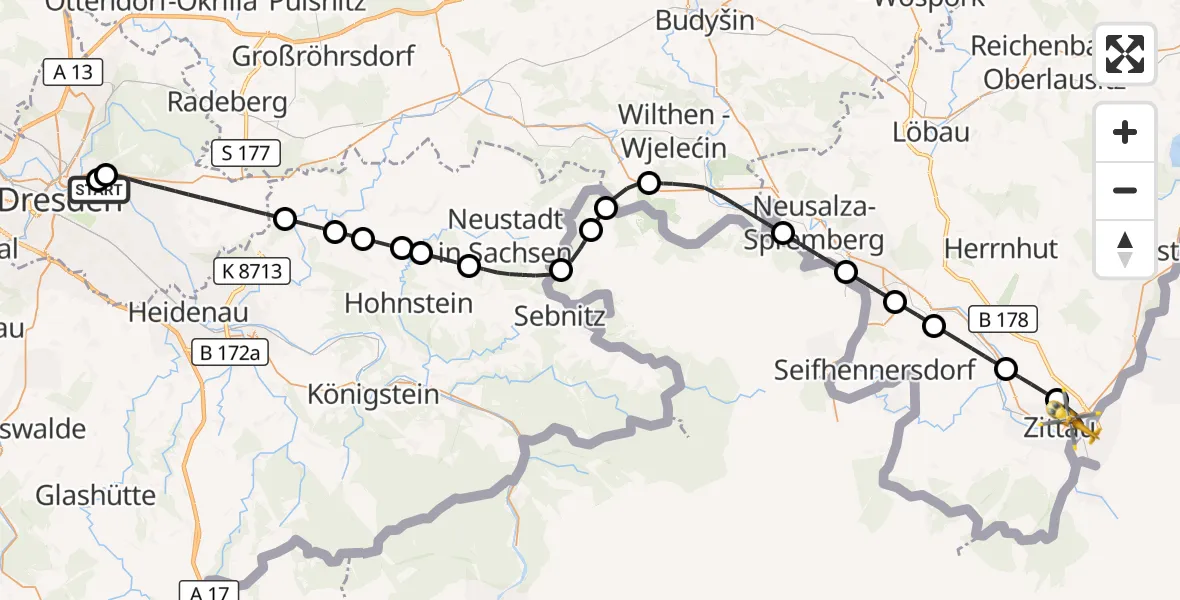 Flugroute Ambulanzhubschrauber Dresden University Hospital - Zittau, 14 Oktober 2026, 09:24