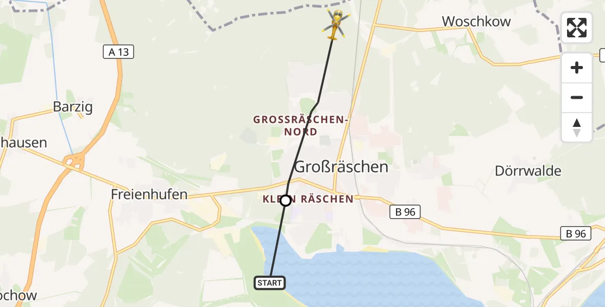 Flugroute Rettungshubschrauber Senftenberg - Großräschen, 14 Oktober 2026, 09:25