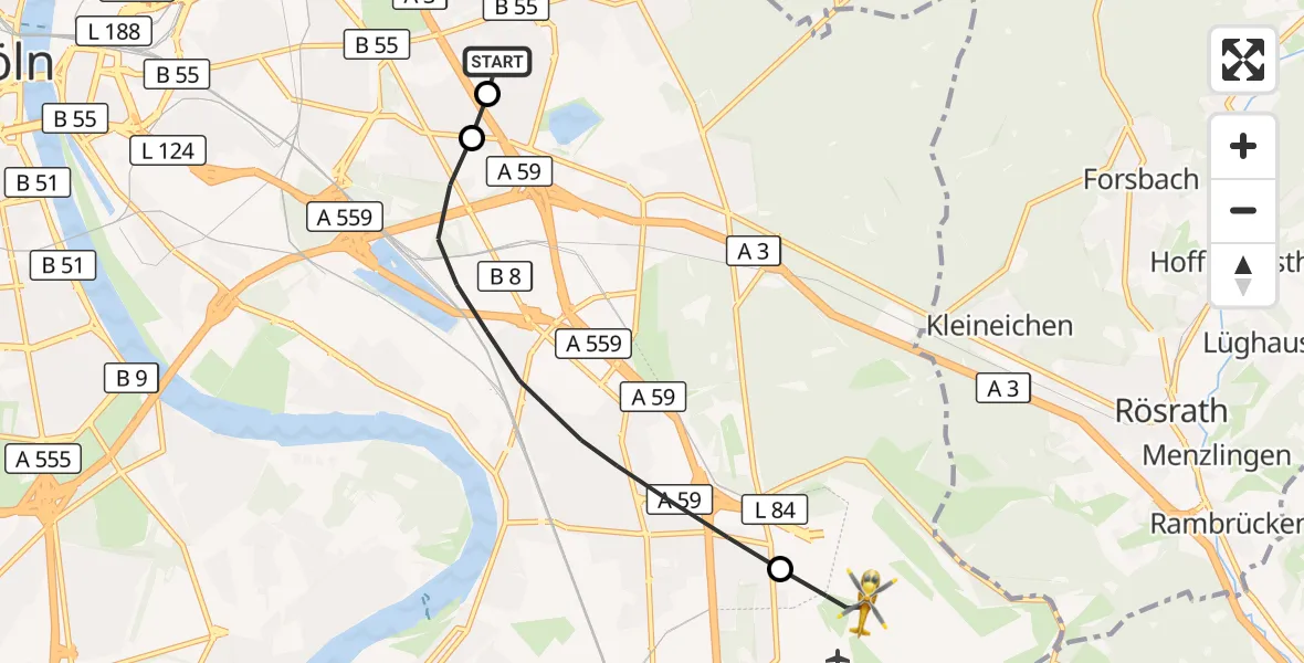 Flugroute Rettungshubschrauber Merheim Hospital - Köln Bonn Flughafen, 14 Oktober 2026, 09:29
