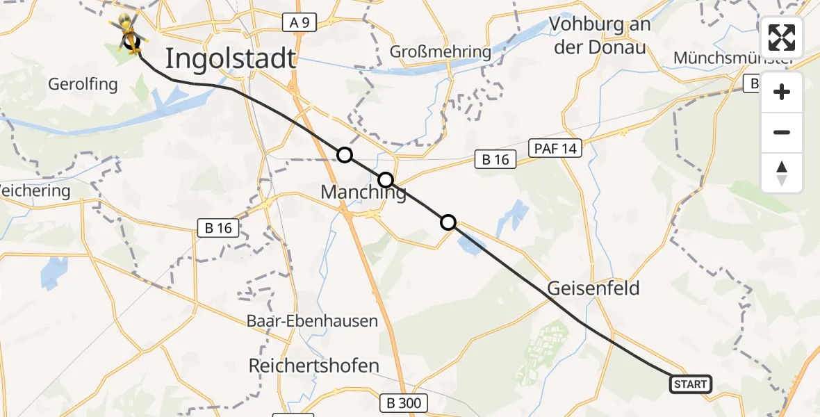 Flugroute Rettungshubschrauber Geisenfeld - Ingolstadt Hospital, 14 Oktober 2026, 09:31