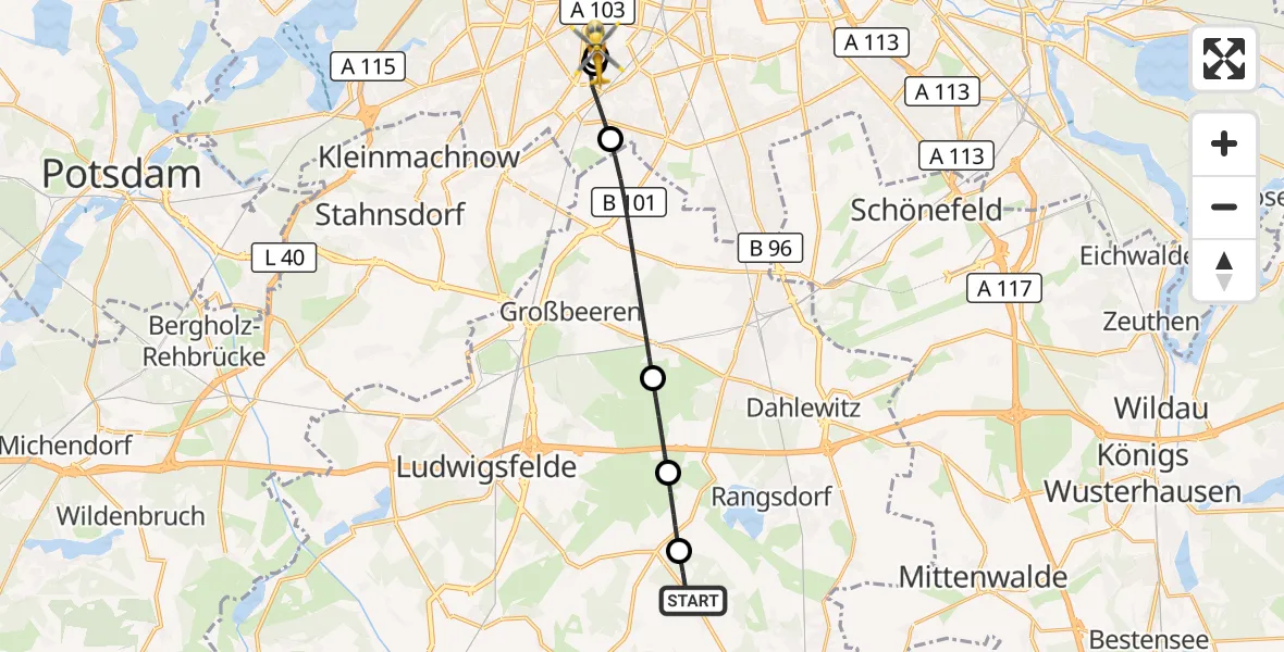 Flugroute Rettungshubschrauber Zossen - Charité Clinic Benjamin Franklin Campus, 14 Oktober 2026, 09:31