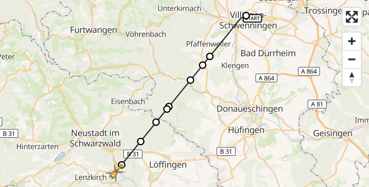 Flugroute Ambulanzhubschrauber DRF Air Rescue Station Villingen-Schwenningen Hubschrauberlandeplatz (Christoph 11) - Lenzkirch, 14 Oktober 2026, 09:31